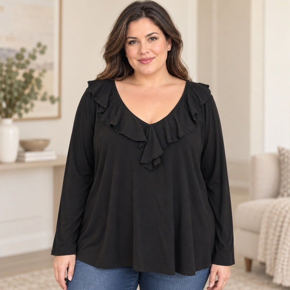 Lauren Ralph Lauren Beaded Ruffle V-Neck Blouse 3X Black Elegant Elevated Basics